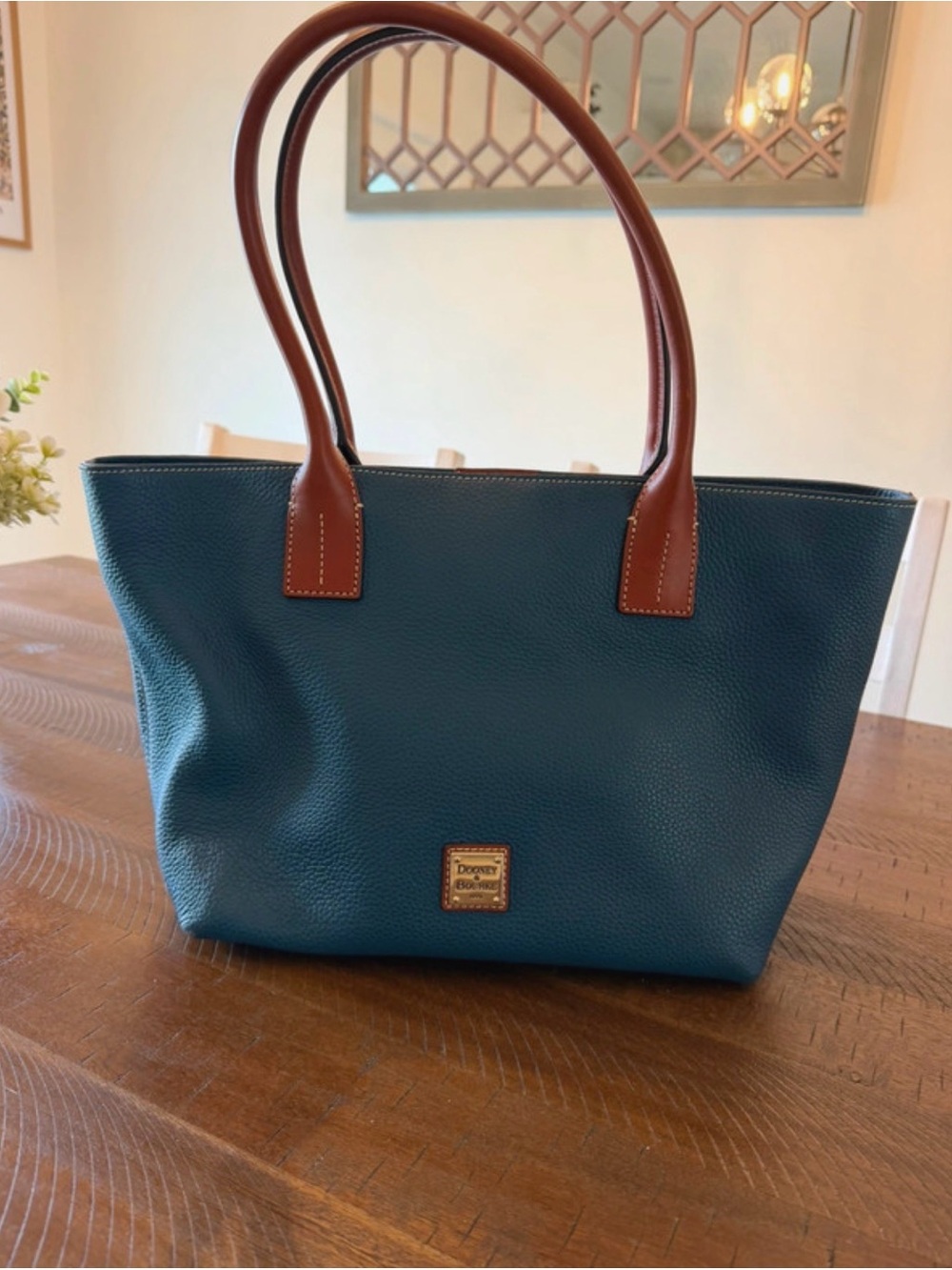 Dooney & Bourke Teal Pebbled Leather Tote with Brown Handles